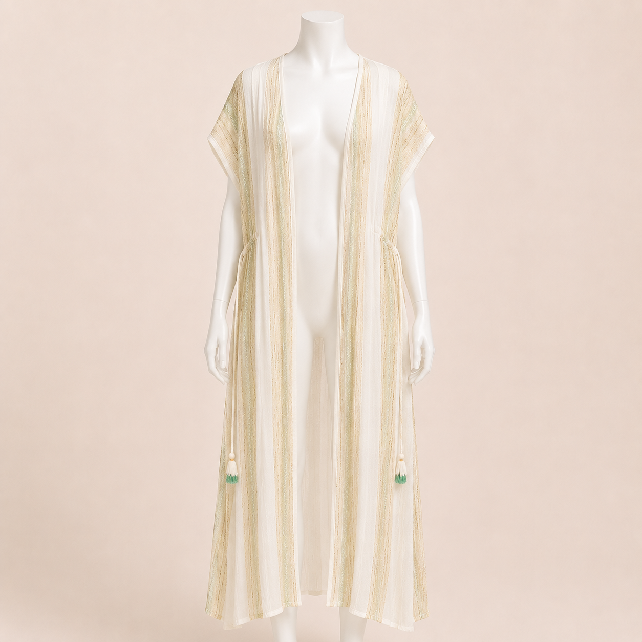 Women Striped Maxi Cardigan with Waist Tie