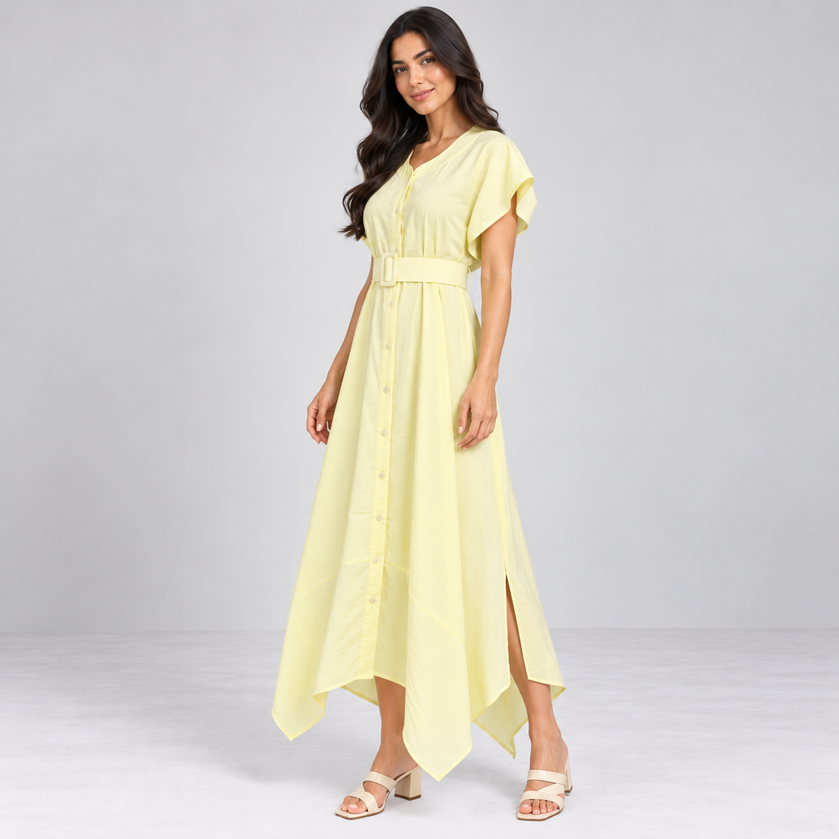 Women Button-Front Flutter Sleeve Midi Dress