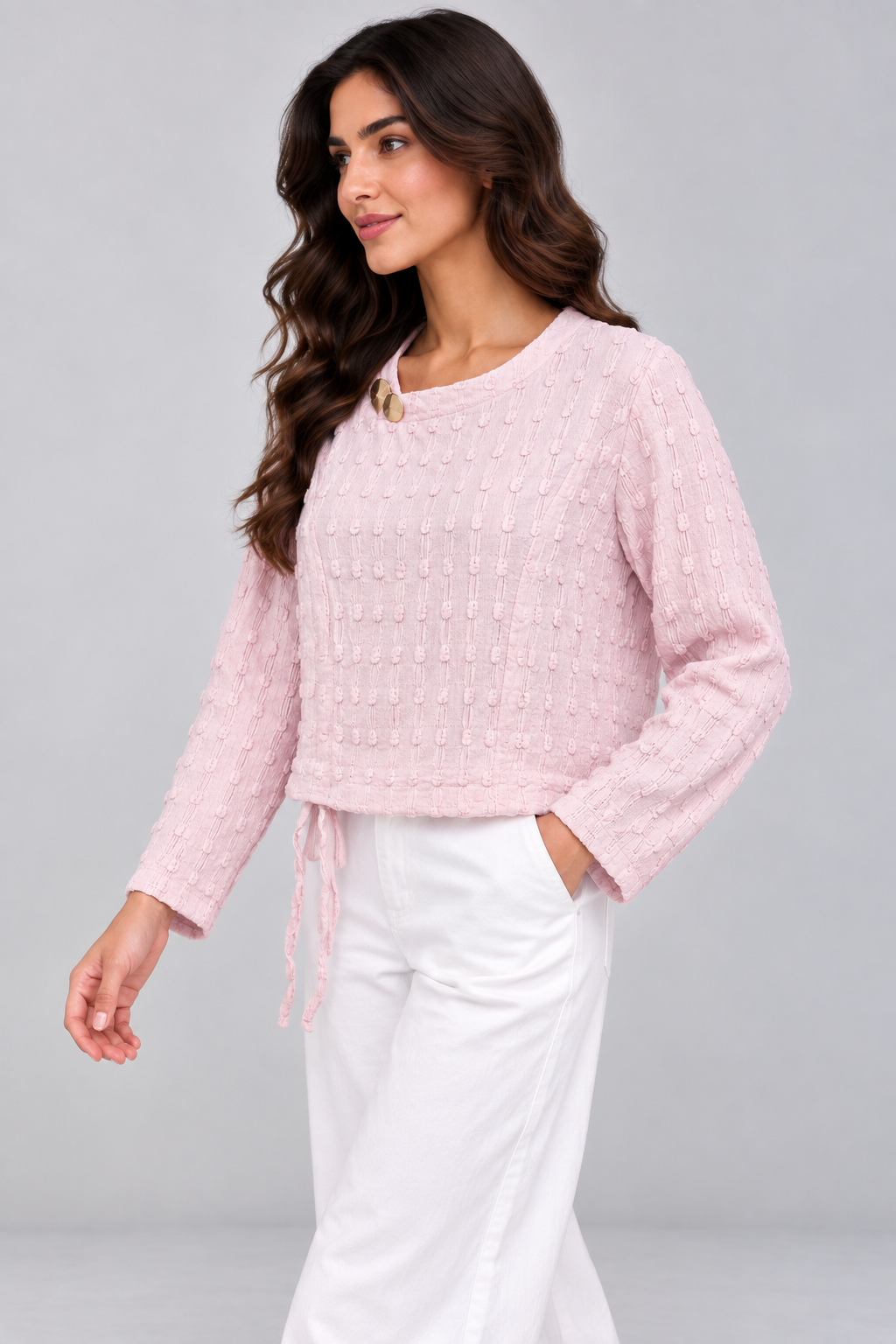 Women Textured Long-Sleeve Top with Side Tie