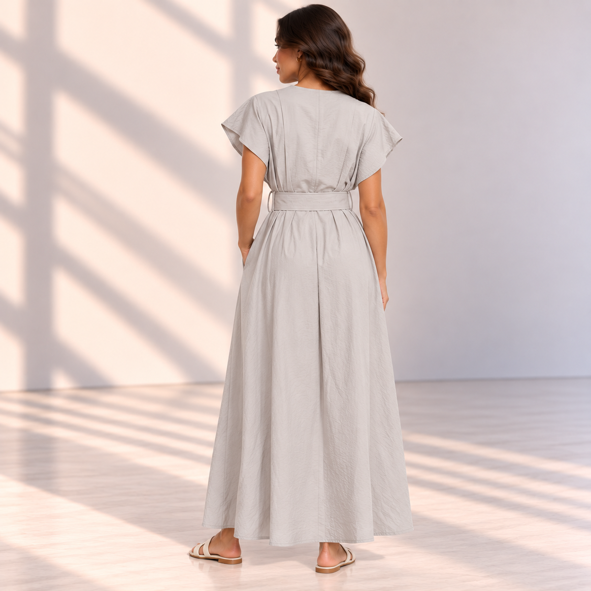 Women Button-Front Flutter Sleeve Midi Dress