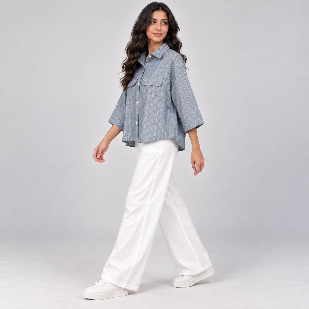 Women Striped Linen-Blend Utility Shirt
