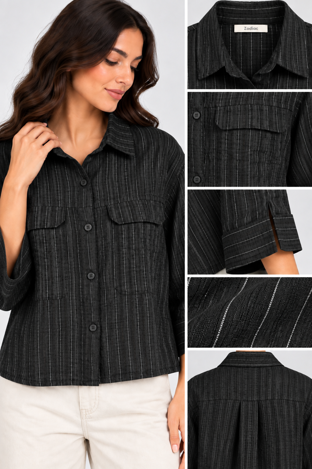 Women Striped Linen-Blend Utility Shirt