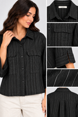 Women Striped Linen-Blend Utility Shirt