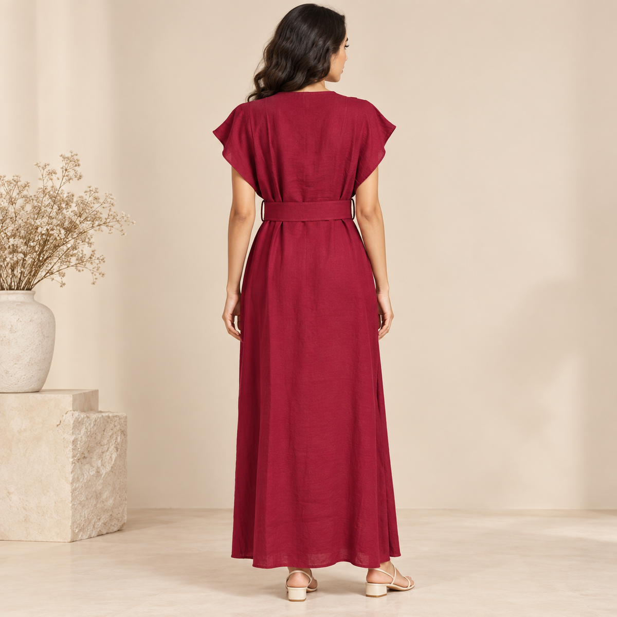 Women Button-Front Flutter Sleeve Midi Dress