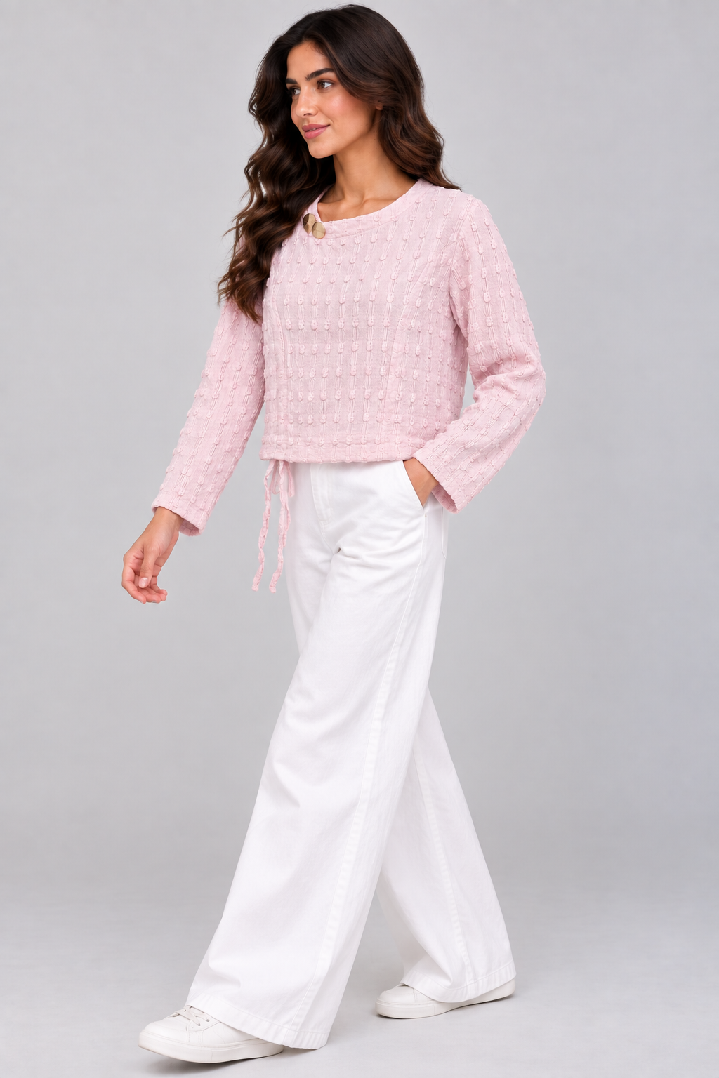 Women Textured Long-Sleeve Top with Side Tie