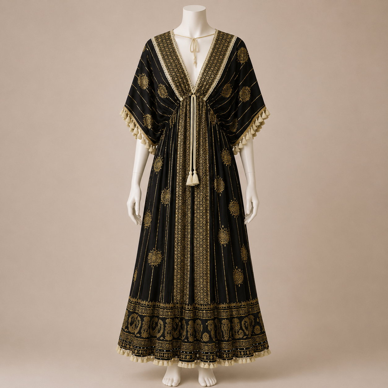 Embroidered Tassel Tie Midi Dress