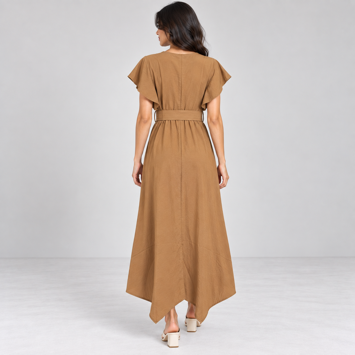 Women Button-Front Flutter Sleeve Midi Dress