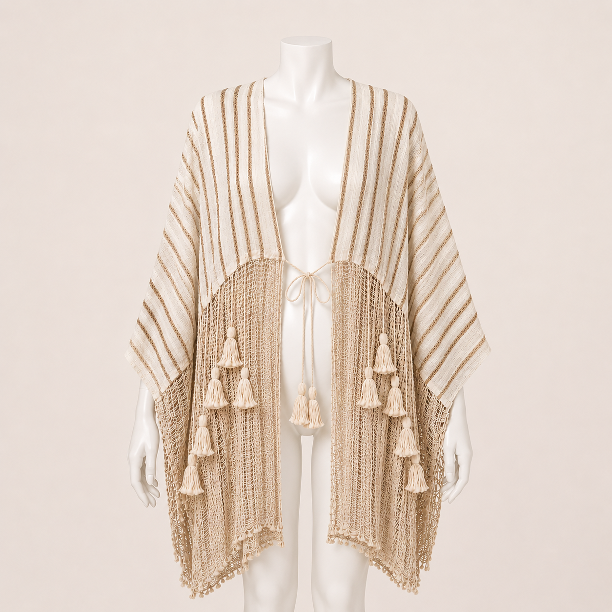 Women Striped Tassel Poncho