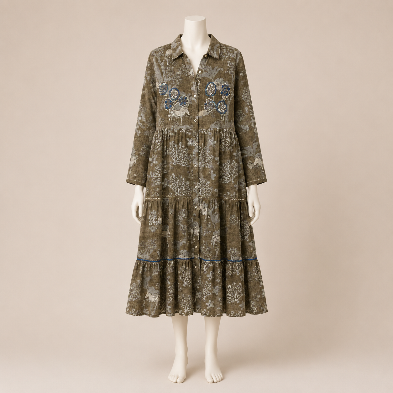 Floral Embroidered Tiered Shirt Dress