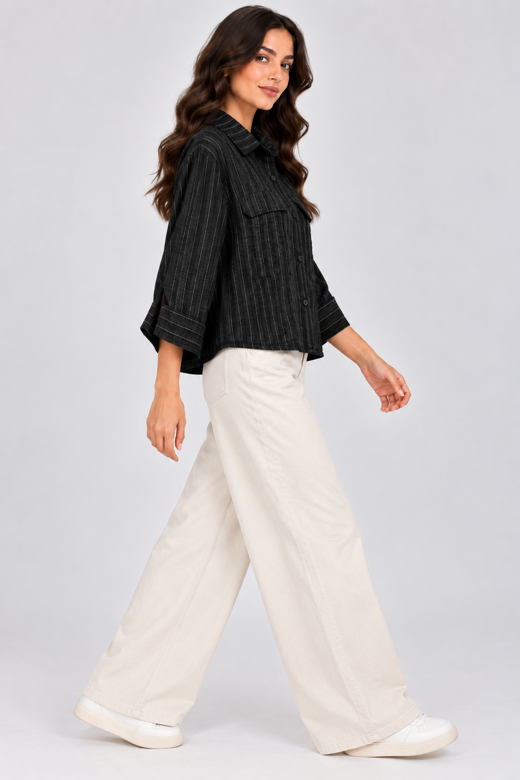 Women Striped Linen-Blend Utility Shirt