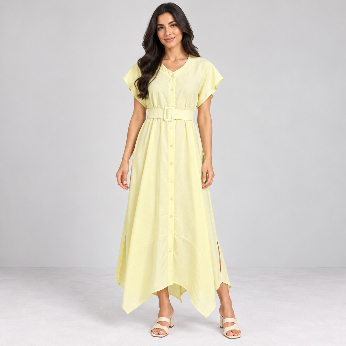 Women Button-Front Flutter Sleeve Midi Dress