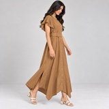 Women Button-Front Flutter Sleeve Midi Dress