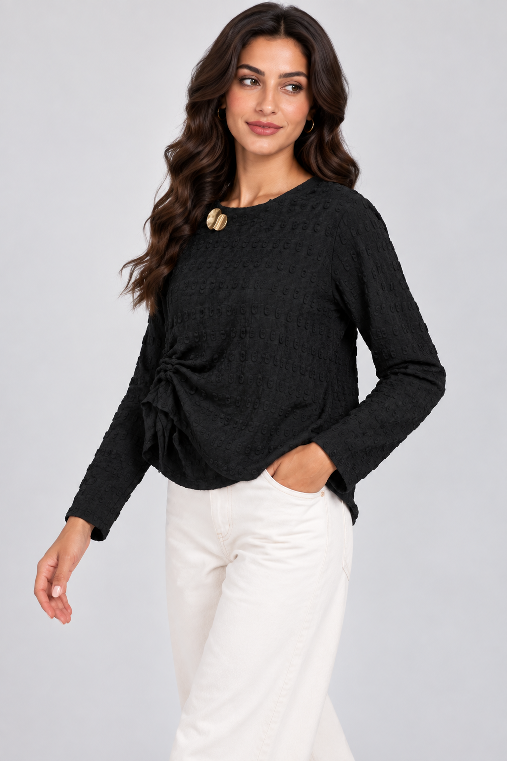 Women Textured Long-Sleeve Top with Side Tie