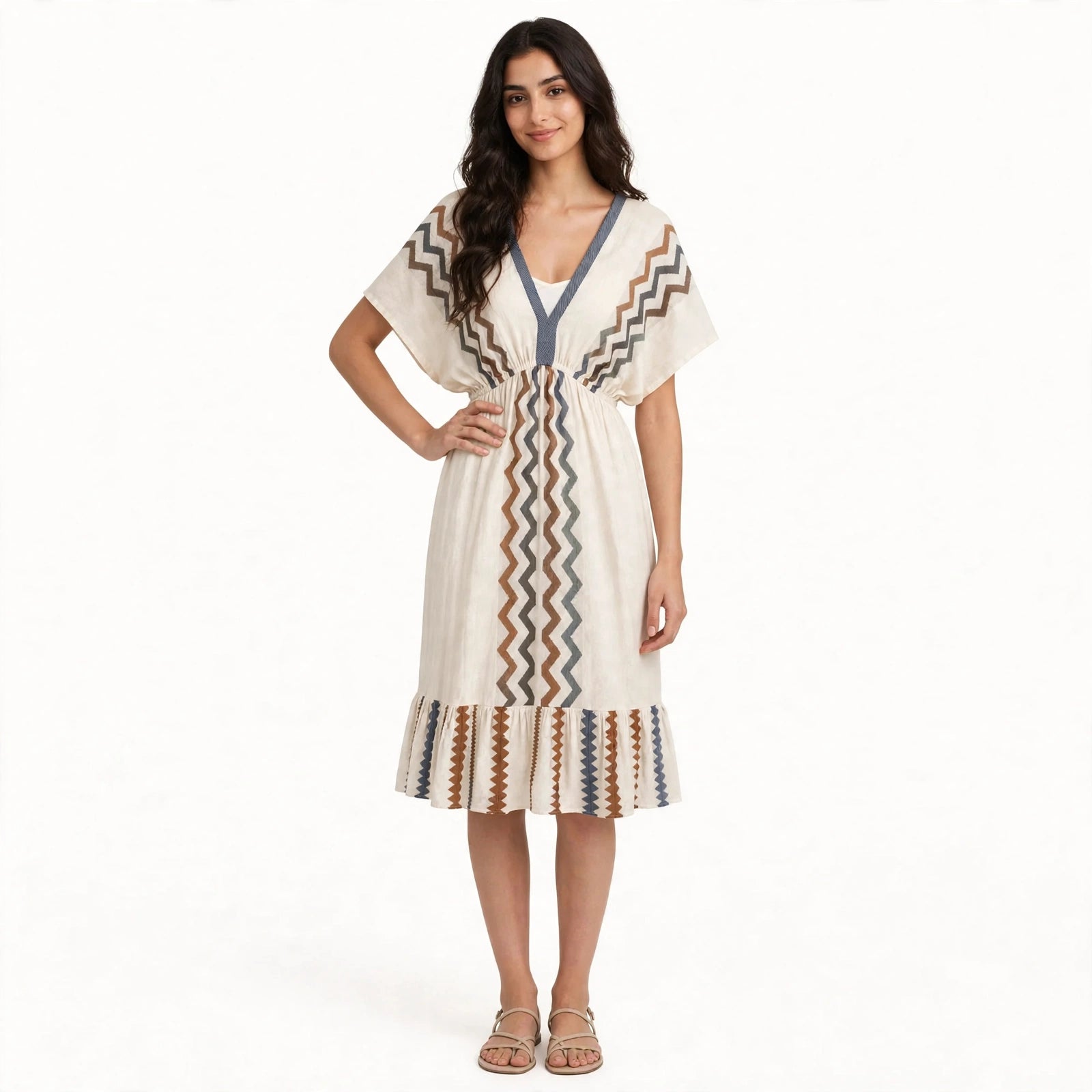 فستان ميدي بفتحة رقبة V ونقشة هندسية