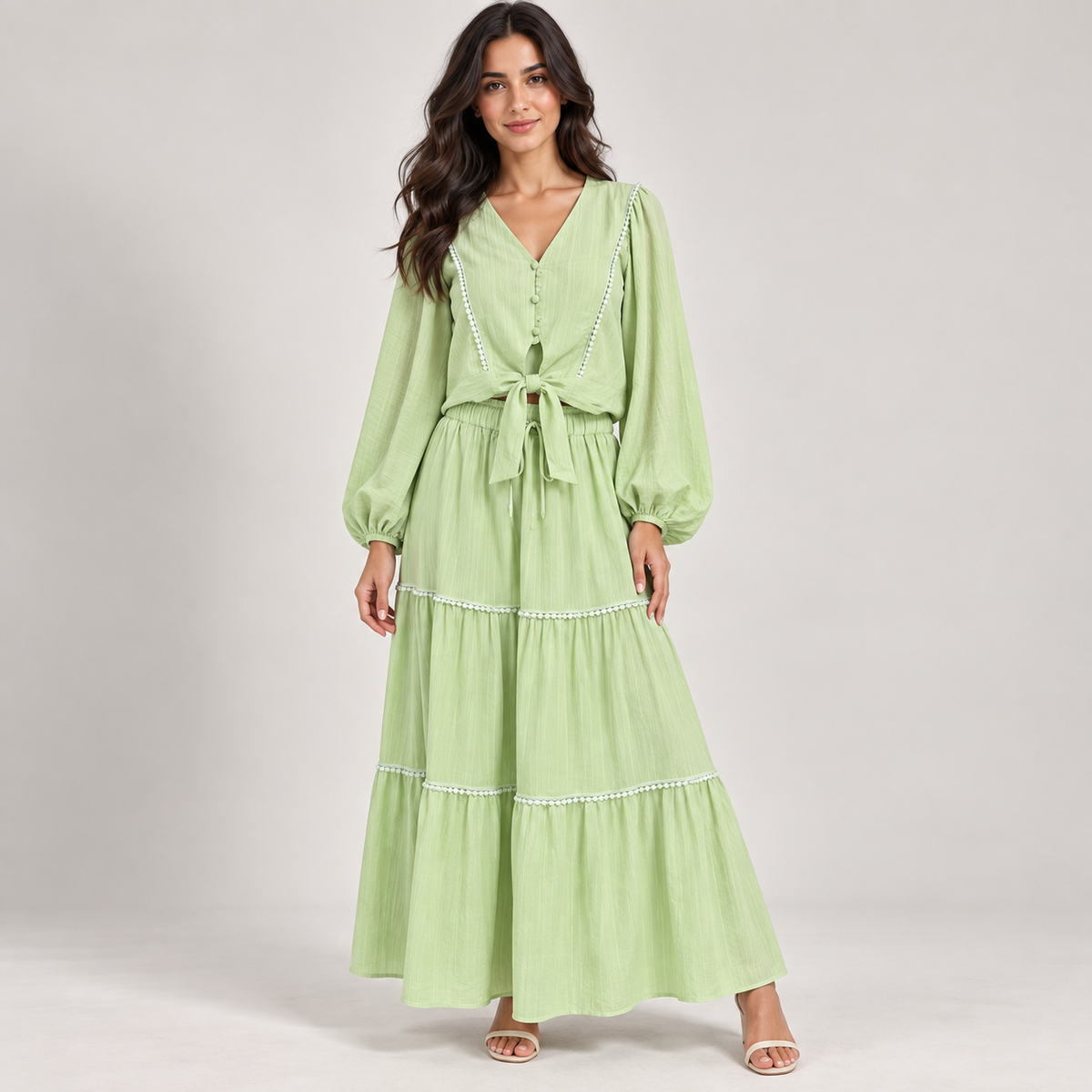 Women Trimmed Tie-Front Blouse and Tiered Skirt Set