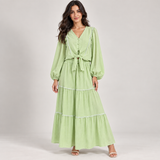 Women Trimmed Tie-Front Blouse and Tiered Skirt Set
