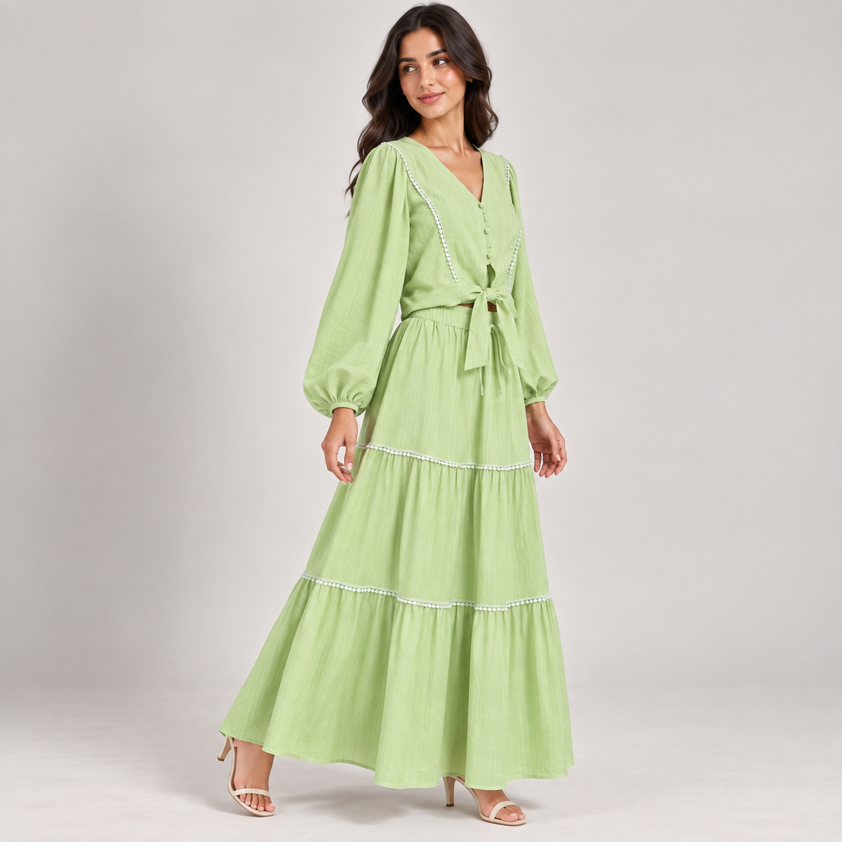 Women Trimmed Tie-Front Blouse and Tiered Skirt Set