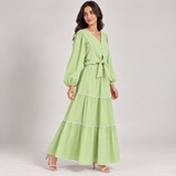 Women Trimmed Tie-Front Blouse and Tiered Skirt Set