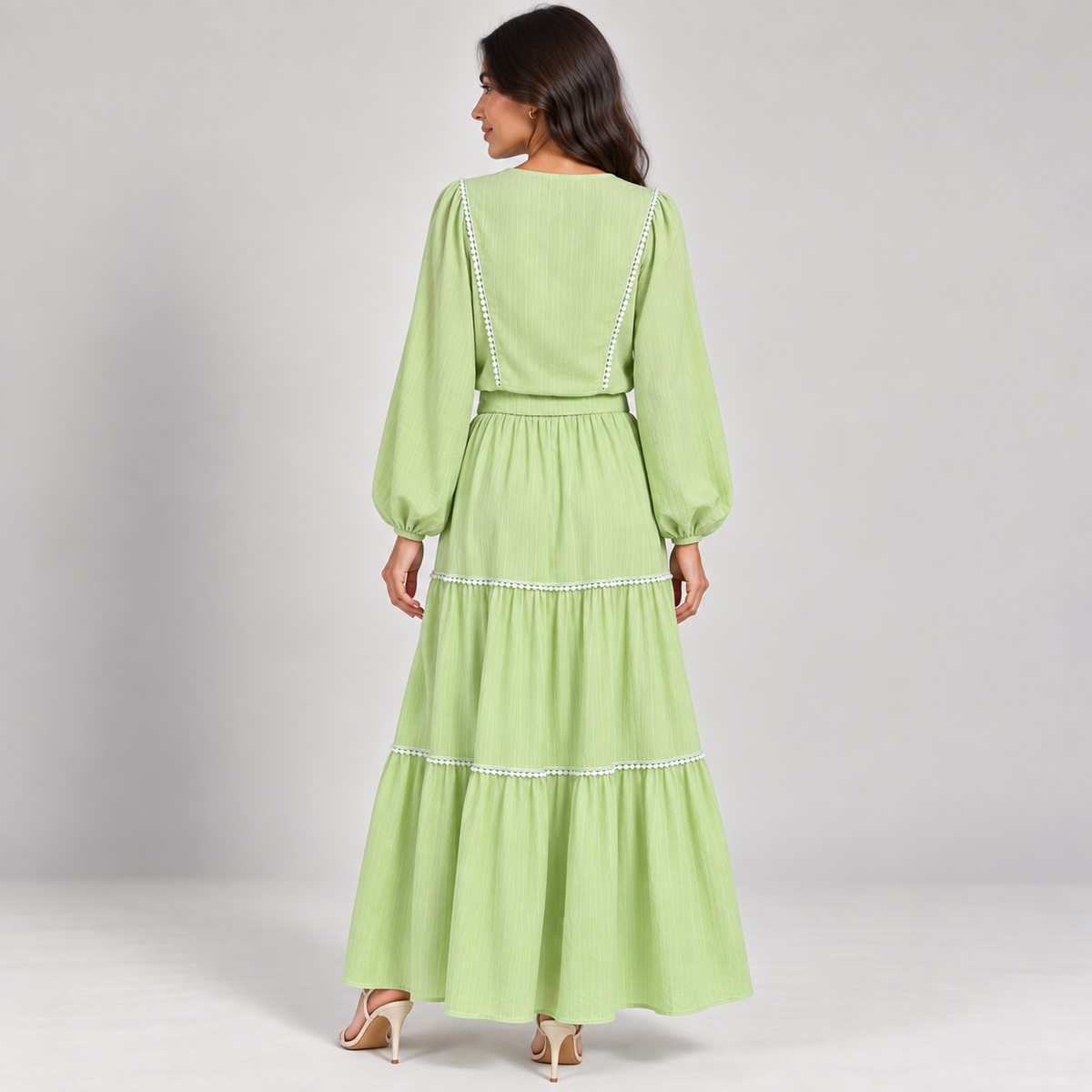 Women Trimmed Tie-Front Blouse and Tiered Skirt Set
